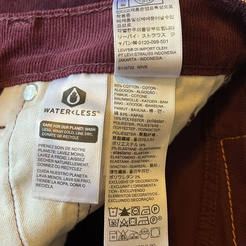 NWT-Levi’s-29-30-burgundy-511 slim-stretch, slim throughout, corduroy pants.
